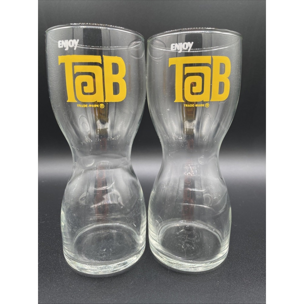 Vtg Advertising TAB Cola Soda Glasses Hourglass Shape 1970s Mod 7" Set Of Two